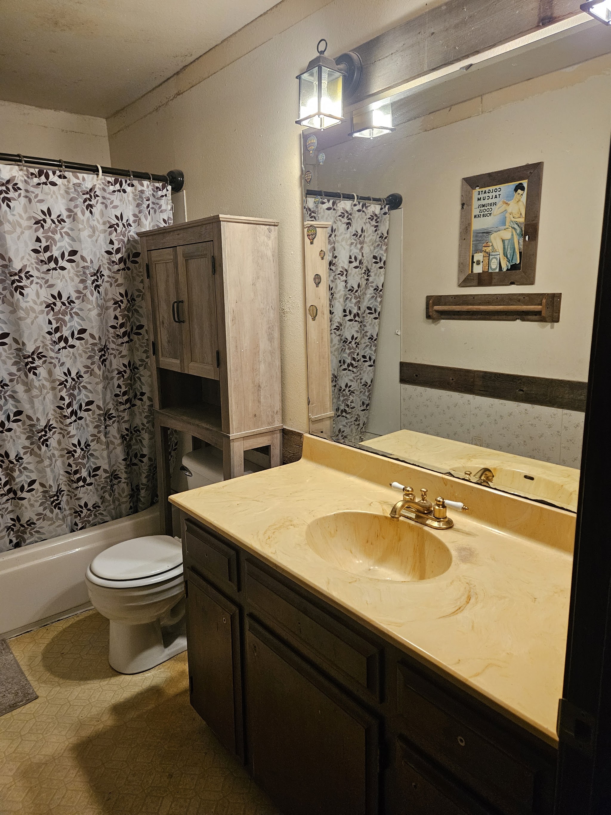 Dated bathroom vanity and shower before the remodel